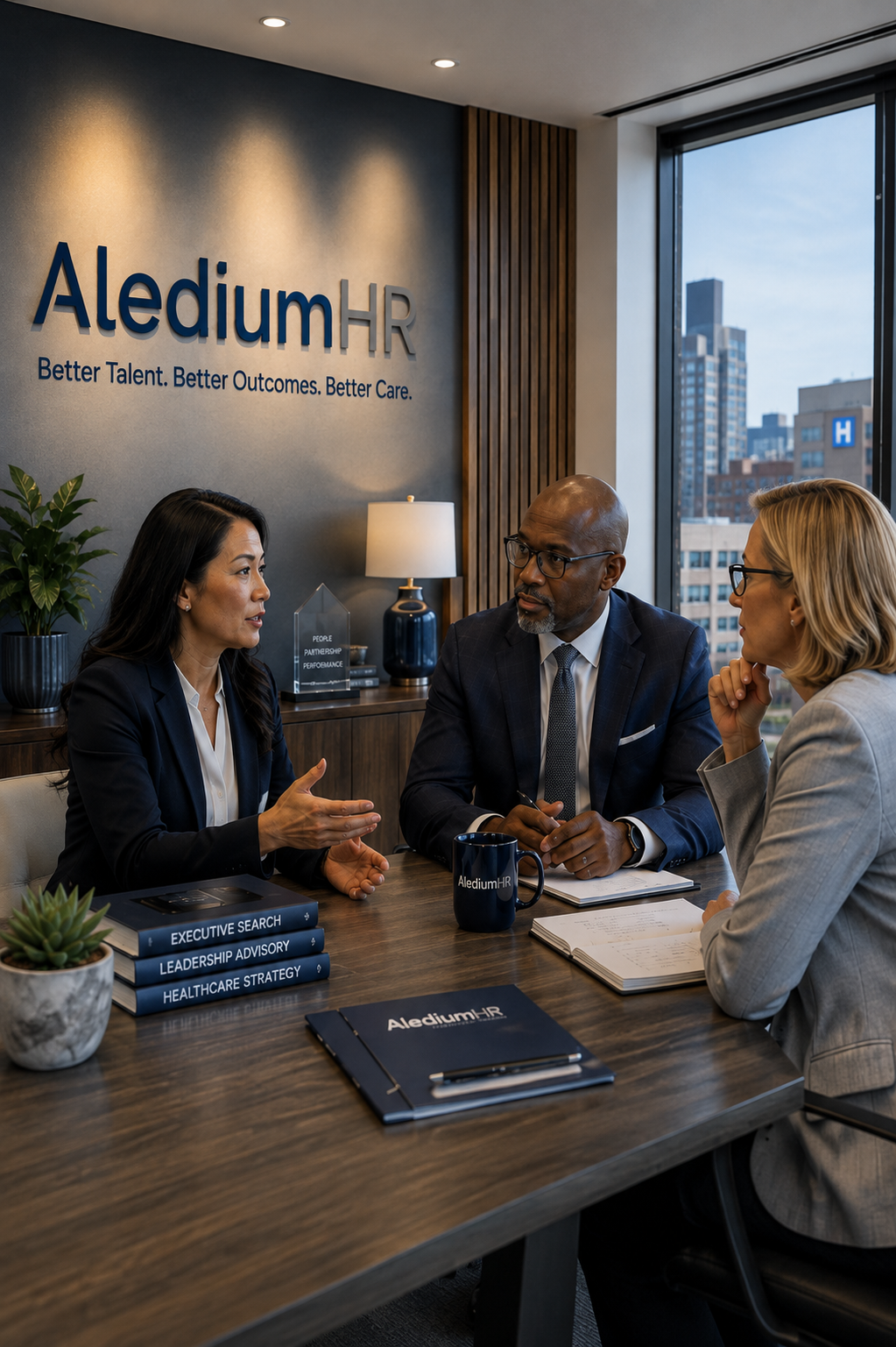 AlediumHR executives in a branded office setting