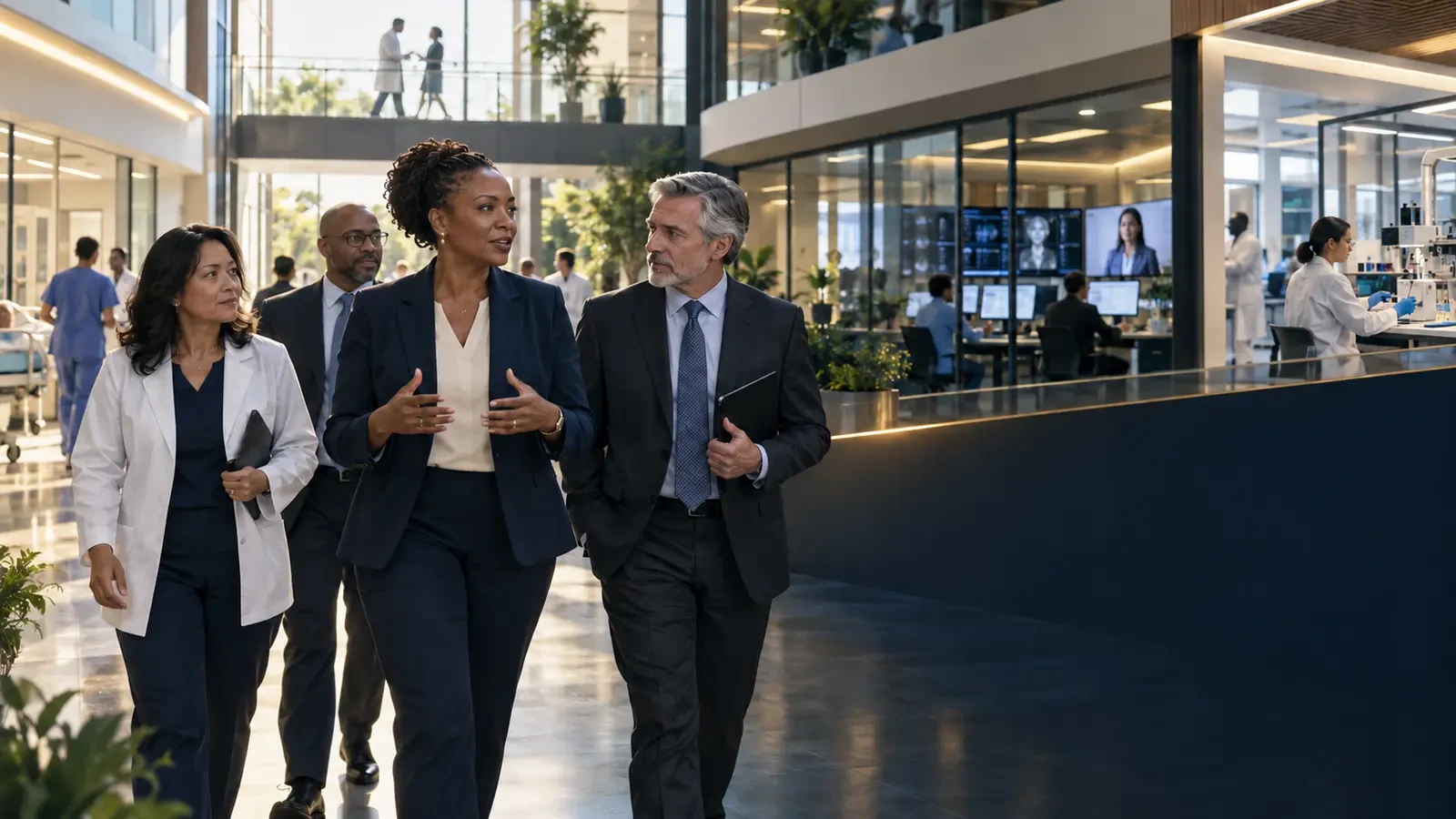 Healthcare executives walking through an integrated healthcare and life sciences facility