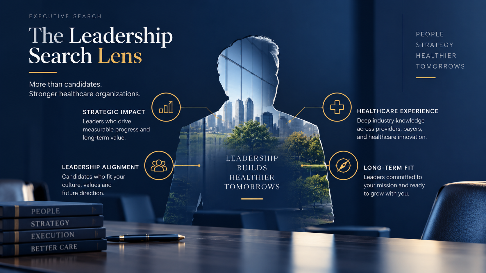 The Leadership Search Lens — AlediumHR executive search framework showing four pillars: Strategic Impact, Healthcare Experience, Leadership Alignment, and Long-Term Fit