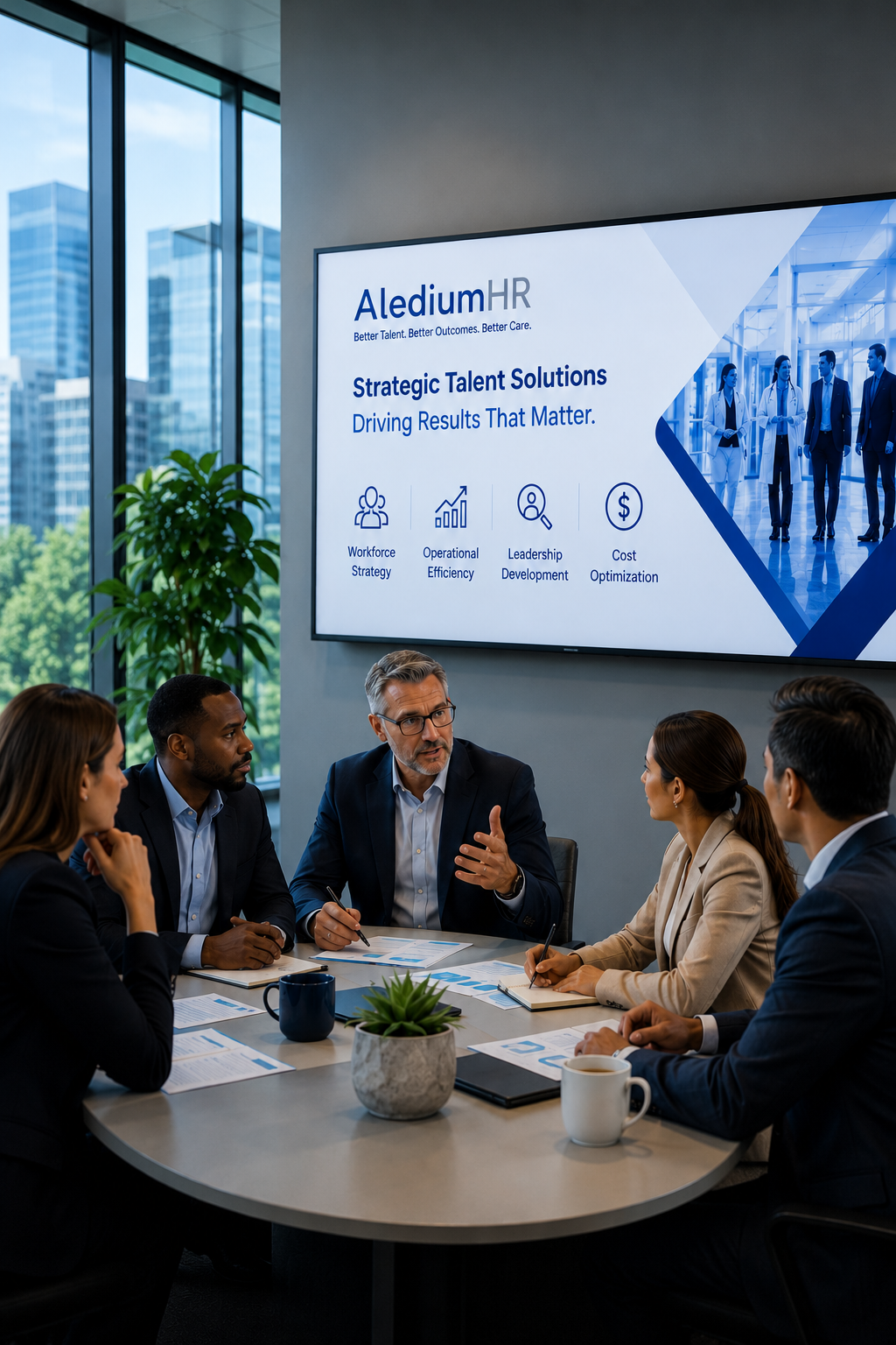 Healthcare executive leadership team in strategic planning session — AlediumHR Talent Advisory services